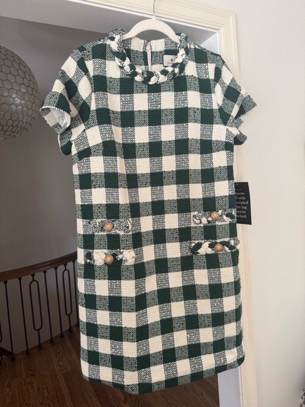 Tuckernuck Jackie Green and White Gingham Tweed Shift Dress